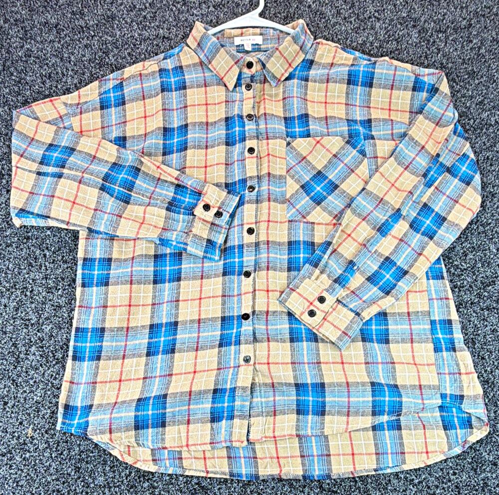 BETTER BE Men's M/L Tan Blue Red Cotton Blend Flannel Plaid L/S Pockets